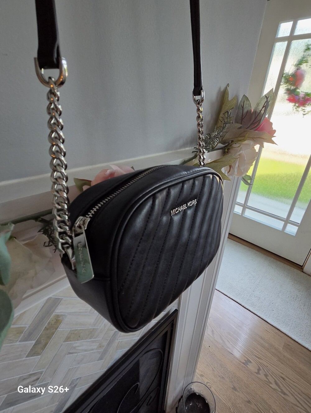 Michael Kors Black Quilted Crossbody with Silver Chain
